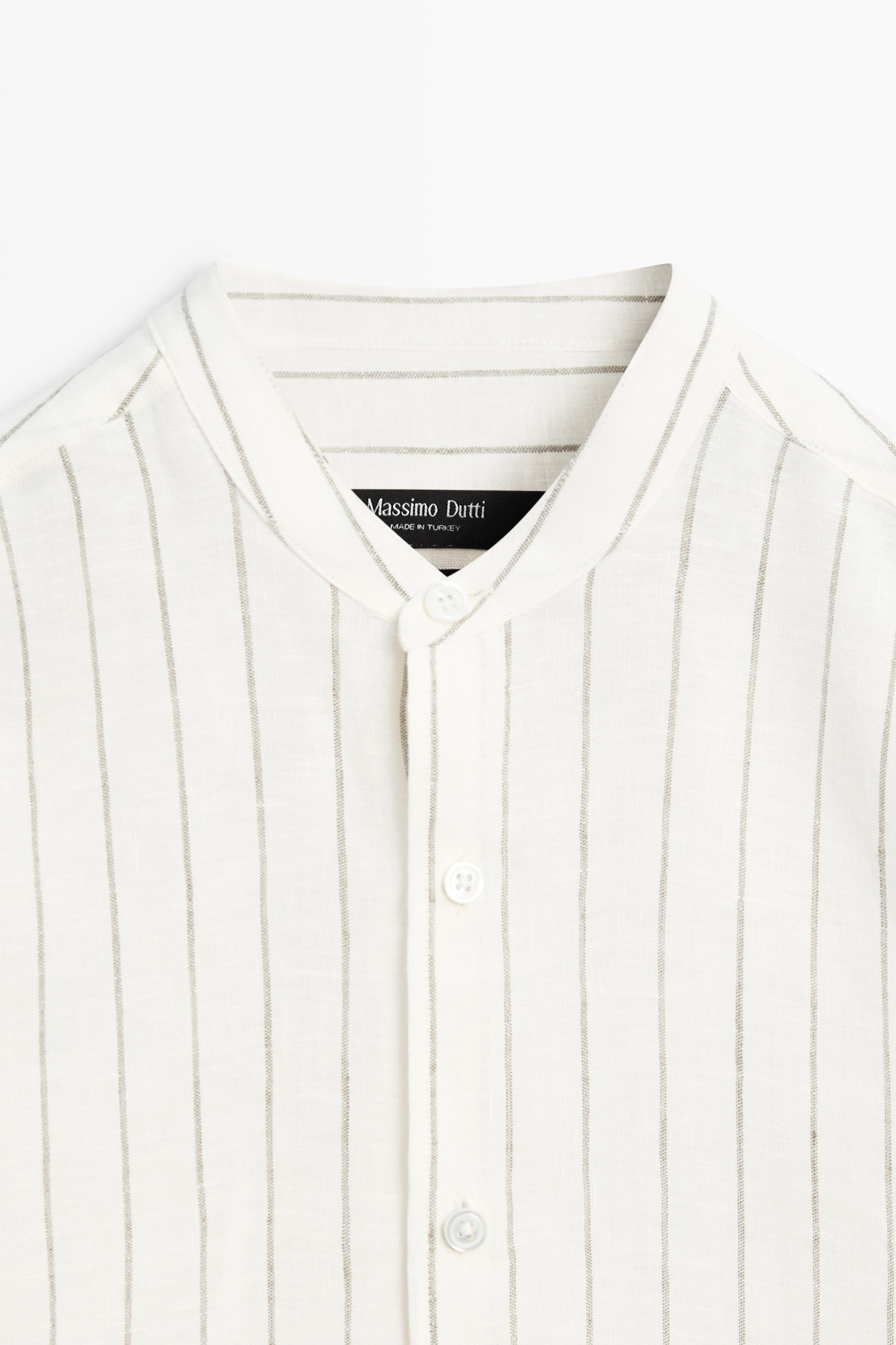100% linen striped stand collar shirt